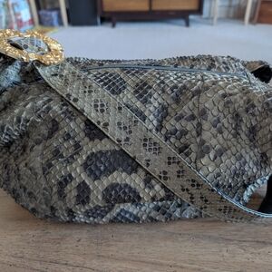 Carlos Falchi Olive Snake Print Shoulder Bag with Gold Buckle